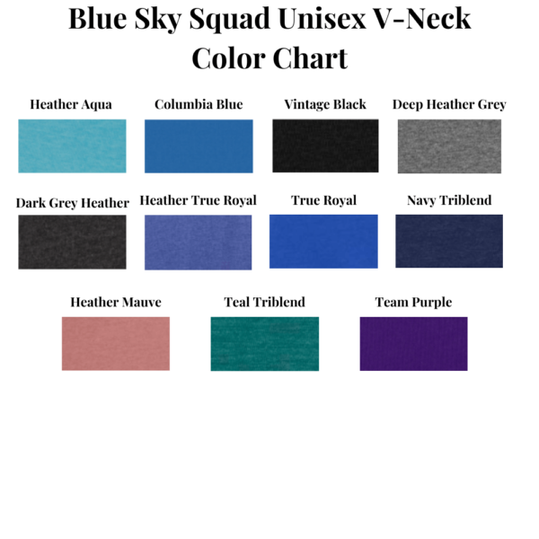 Blue Sky Squad Unisex V-Neck Color Chart